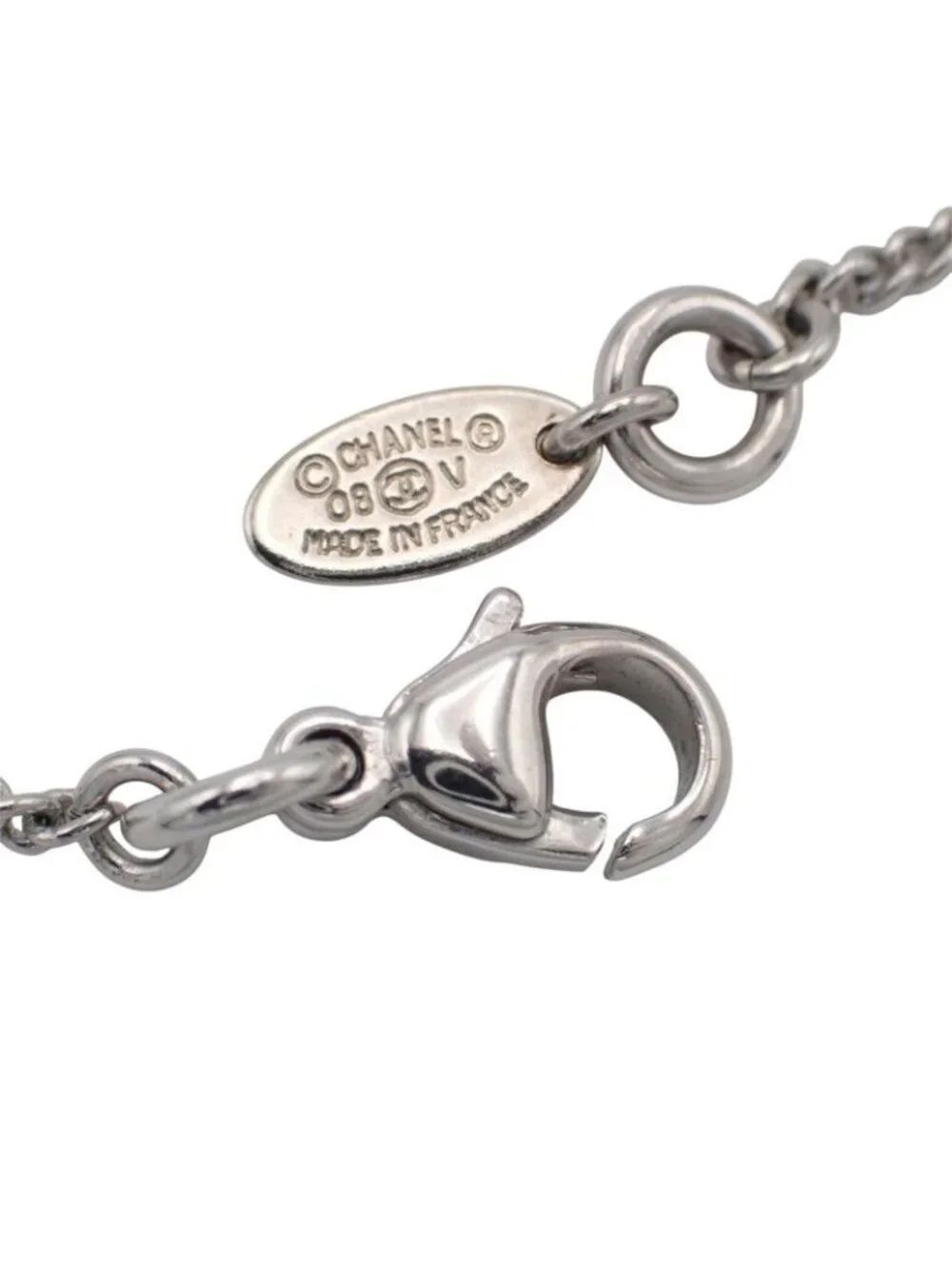 Chanel CC Logo Necklace Metal Crystal Silver Simple